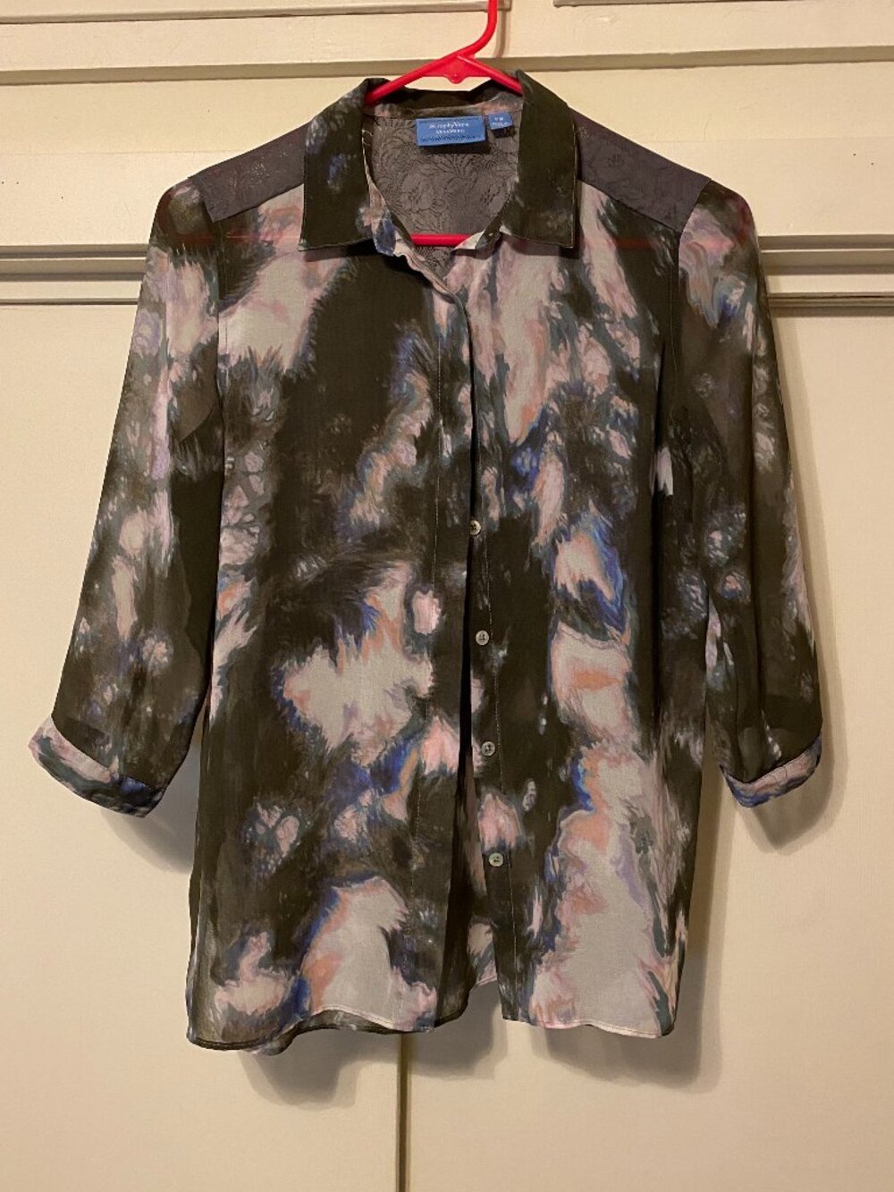 Simply Vera, Vera Wang, black, button-down blouse w/silver lace back, size PM